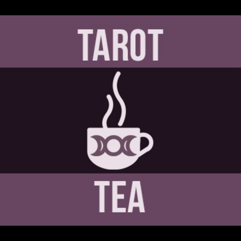 The Tarot Tea logo. The word Tarot above a cup of hot tea with the word tea under it