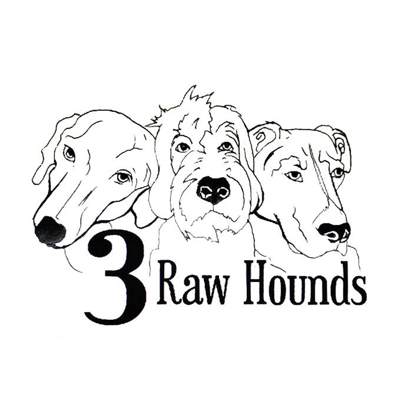 A logo for 3 Raw Hounds of 3 dog faces.