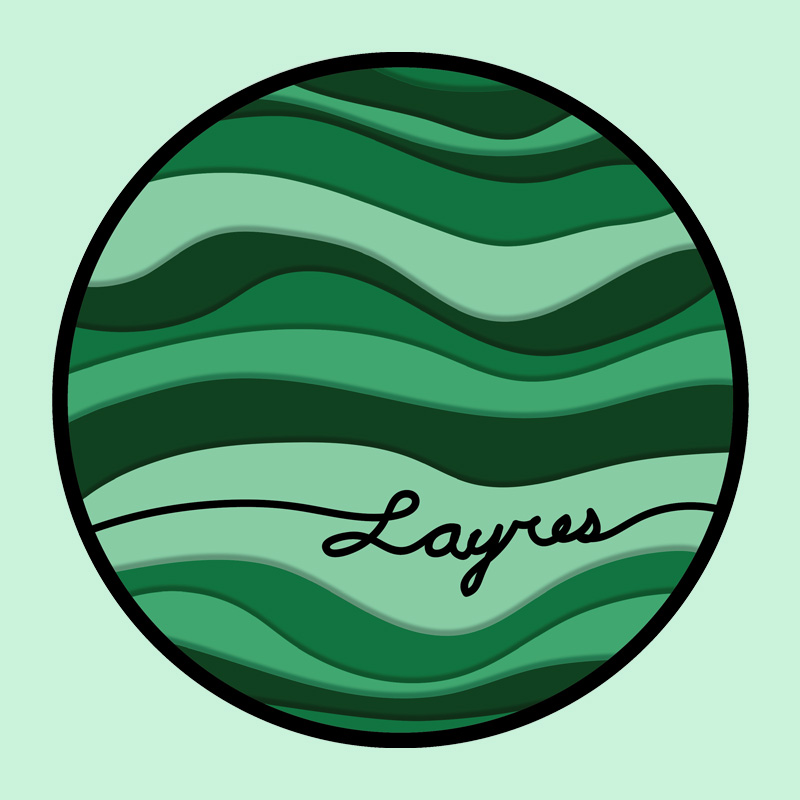 An abstract green logo for Layres of Art