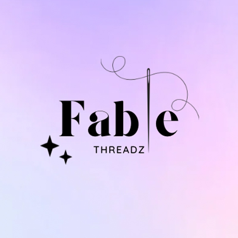 A logo with a needle for an L for Fable Threadz on a purple gradient.