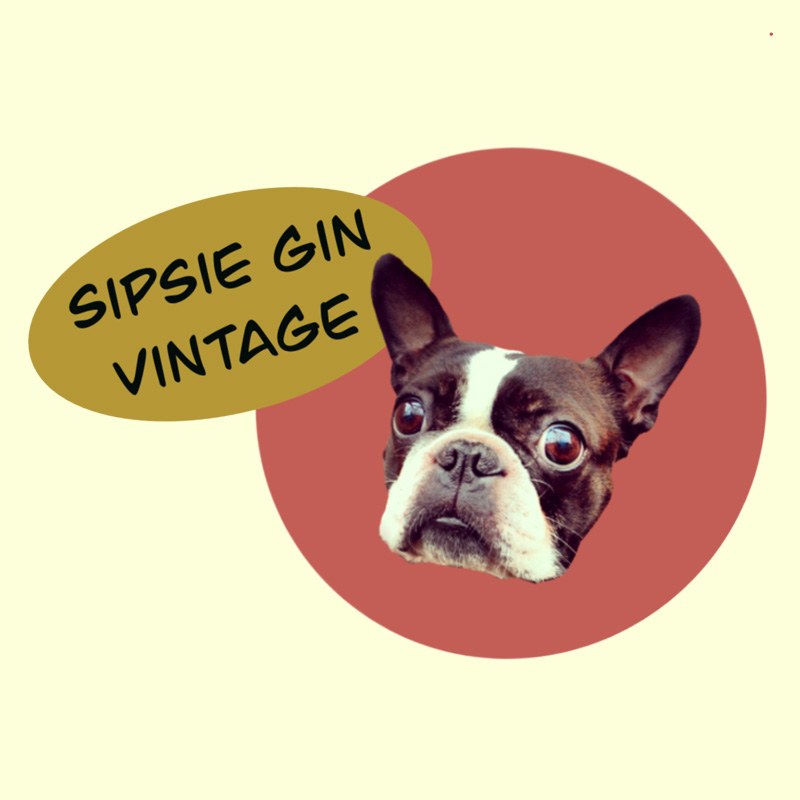 A logo of a Boston terrier inside a circle that says Sipsie Gin Vintage