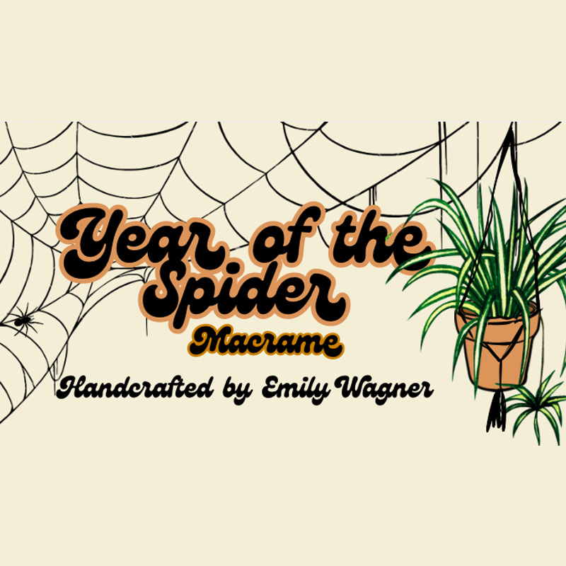 The Year of the Spider Macrame logo on tan. It's a spiderweb